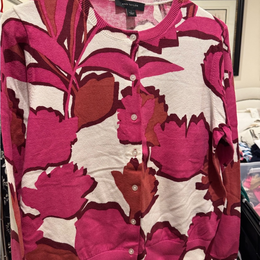 Ann Taylor Pink and Red Floral Cardigan